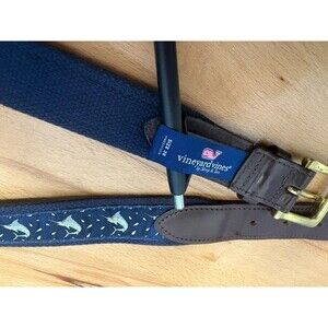 Vineyard Vines Men’s Belt Size 38 Navy Canvas Leather Fishing USA Brass Buckle